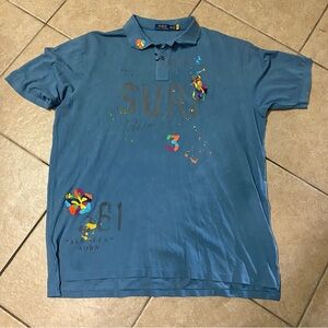 Ralph Lauren Teal Polo with Multicolor Paint and Floral Accents